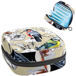 Vogels op bloemen Periode Pouch Draagbaar,Tampon opbergtas voor maandverband, Meerkleurig, 4.7x6.6x6.6 in/12x17x17 cm