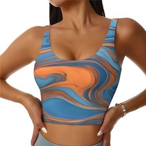 Geelblauwe kunst - Crop tops voor dames sportbeha U-rug verwijderbare gewatteerde crop workout tanktop met ingebouwde bh's, slanke pasvorm mouwloze atletische vesten, Geel Blauw Art1, S