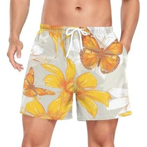 Niigeu Art Retro Butterfly Flower Zwembroek voor heren, sneldrogend, met zakken, Leuke mode, L