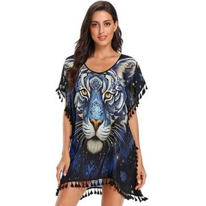 KAAVIYO Abstracte blauwe tijger kunst vrouwen strand cover up chiffon kwastje badmode badpak coverups voor meisje, Patroon, M