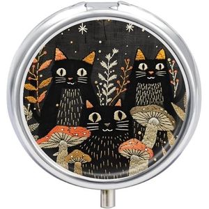 Pillendoosje voor katten en paddenstoelen, draagbare pillenorganizer met 3 compartimenten en kleine spiegel, reispillendoosje voor zak of portemonnee, ronde medicijnorganizer, decoratieve