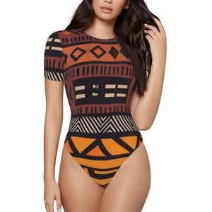 KHDKLXOHZ 3d Afrikaanse modderdoek tribal damesbodysuits - shapewear met korte mouwen, ronde hals, rekbare basic T-shirt tops, casual slanke comfortabele pasvorm turnpak-onesie, 3d, S