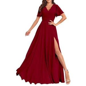 Chiffon bruidsmeisjesjurken voor dames, met split, lange baljurken, cocktailjurken, grote maten, Bordeaux, 32