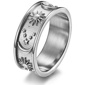 Ster maan zon roestvrijstalen ring ring fortitanium staal mannen en vrouwen voorstel handsieraden (Color : Steel, Size : 7#)