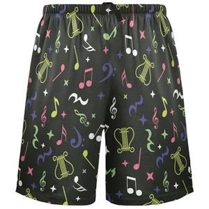 LI ZHI XIN Herenpyjamabroek, korte pyjamabroek, zomer casual shorts, elastische tailleband met trekkoord, rechte losse pasvorm met 2 zakken, S-XXL zwart muzieknootpatroon