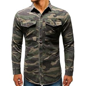 Heren Bloemen Shirt Casual Button Down Lange Mouwen Bloem Gedrukt Shirt Heren Lange Mouwen Camouflage Denim Shirt Lente Herfst Camouflage Denim Shirt voor Man Lange Mouwen Losse Shirts Blouse, A-groen, L