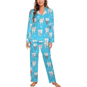 Grappige Tanden Tandarts Lange Mouw Pyjama Sets Voor Vrouwen Klassieke Nachtkleding Nachtkleding Zachte Pjs Lounge Sets