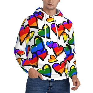 JEJEA Regenboog gekleurde Gay Pride Hearts Print Heren Hooded Sweatshirt, Trekkoord Hoodies Pullover, Lange Mouw Trui, Voor Dagelijks Dragen, Zwart, S