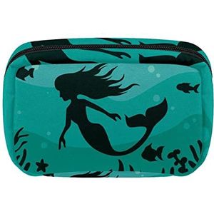 Reis Gepersonaliseerde Make-up Bag Cosmetische Tas Toiletry tas voor vrouwen en meisjes Donkergroene Mermaid Silhoutte, Meerkleurig, 17.5x7x10.5cm/6.9x4.1x2.8in