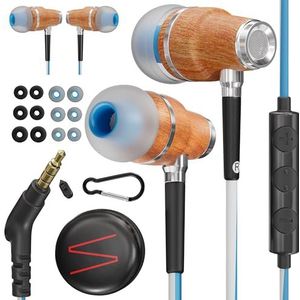 Symphonized NRG 3.0 Houten Oordopjes voor Mobiele Telefoon, Laptop & Computer, In-Ear Geluidsisolerende Koptelefoon met Microfoon & Volumeregeling, Oordopjes met Dreunende Bas (Blauw & Grijs)