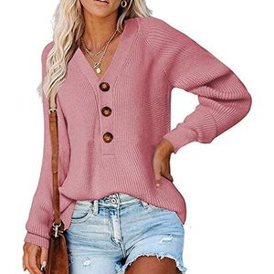 WAEKQIANG Dames nieuwe effen kleur knoop trui lange mouwen gebreide trui gebreide V-hals trui vrouwen, roze, XL