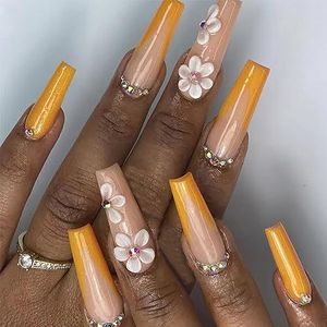 Coffin False Nails Rhinestone Press on Nails Ballerina Long Fake Nails Full Cover Stick on Nails 24pcs for Women and Girls