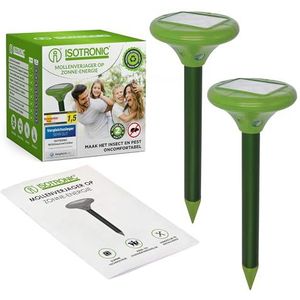 ISOTRONIC Vibrasonic Led-mollenverjager op zonne-energie, met trillingsmotor, set van 2 stuks, werkt op zonne-energie, woelmuisverjager, mollenverjager, slangenafweer, testwinnaar