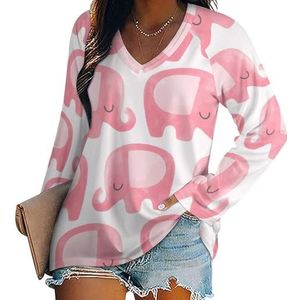 Pink Elephant Damesshirt met V-hals en lange mouwen, casual losse pasvorm blouses