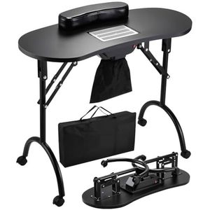 Draagbare en opvouwbare manicuretafel, nagelwerkstation met 4 vergrendelbare wielen, polssteun voor klanten, gratis draagtas voor thuis, op reis of in de schoonheidssalon.,Black b