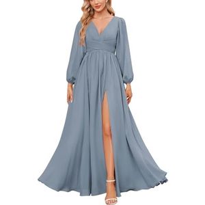 KURFACE Bruidsmeisjesjurken met lange mouwen en split geplooide chiffon formele jurk met mouwen formele jurk, Dusty Blauw, 32