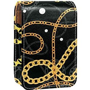Gouden kettingen print draagbare lippenstift hoes voor reizen, mini lippenstift opbergdoos met spiegel voor dames dames, lederen cosmetische etui, Meerkleurig, 9.5x2x7 cm/3.7x0.8x2.7 in