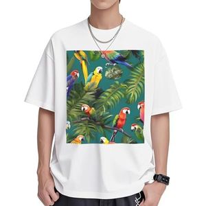 Katoenen T-shirts met tropische planten en papegaaien voor dames, casual tuniek, korte mouwen, ronde hals, zomer, basic, losse pasvorm T-shirt, Wit, S