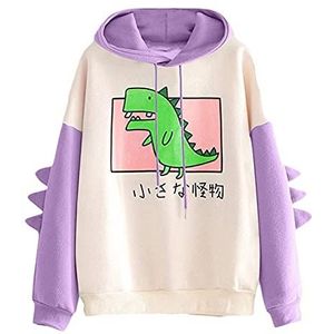 Vrouwen Dinosaurus Hoodie Sweatshirt Lange Mouwen Leuke Kawaii Dino Hoodie Truien Crop Top Dierenkleding Meisjes Tiener Kleding (Kleur: Paars. Afmetingen: M:)