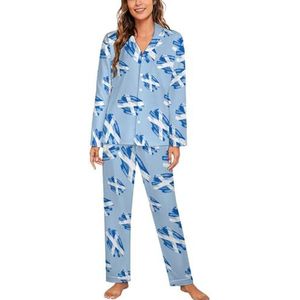 Vintage Schotse Vlag Vrouwen Lange Mouw Button Down Nachtkleding Zachte Nachtkleding Lounge Pyjama Set L