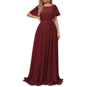 Damesjurken met korte mouwen, lange bruidsmeisjesjurk, chiffon, formele avondjurken met zakken, Bordeaux, 32