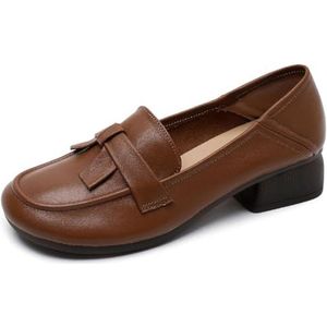 Sekiueo Dames Loafers Lage Dikke Hakken Ronde Neus Instappers Comfortabele Werkschoenen,Bruin,35 EU