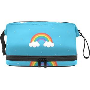 Grote capaciteit reizen cosmetische tas, make-up tas, waterdichte make-up tas organisator, leuke kleurrijke regenboog wolken blauwe achtergrond, Meerkleurig, 27x15x14 cm/10.6x5.9x5.5 in