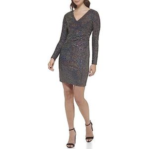 GUESS Women's Sparkle Long Sleeve V-Neck Dress, Multi, 14