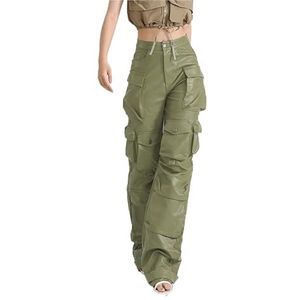 Dames Cargobroek Van Kunstleer, Hoge Taille, Rechte Wijde Pijpen, Y2K-broek Met Zakken kunstleer leggings (Color : Light Green, Size : M)