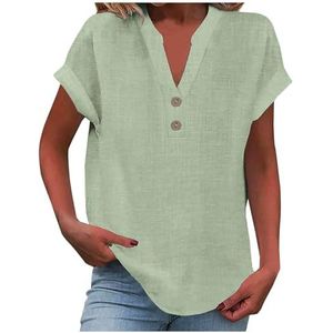 Dames katoenen linnen T-shirt kapmouw knoop V-hals tuniek tops losse pasvorm casual effen 2024 zomer blouse verkoop, mode dames tops UK zomer tops voor vrouwelijke sale_tops, Groen, XXL