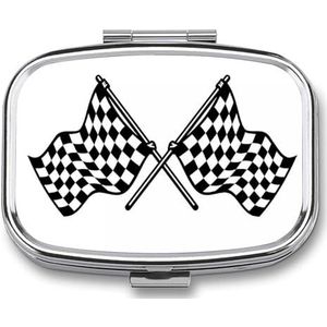 Geruite vlaggen racevlag pillendoos 2 compartimenten, draagbare pillenetui met spiegel voor zakportemonnee, reizen, mini-metalen medicijnorganizer voor vitamines en visolie