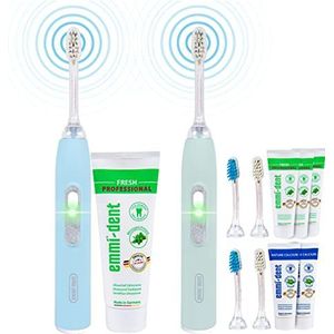 emmi-dent Metallic elektrische ultrasone tandenborstel (Family-set, pastelblauw + pastelgroen), voor gevoelige tanden met 96 miljoen trillingen, zonder schrobben, tot 12 dagen batterijduur met