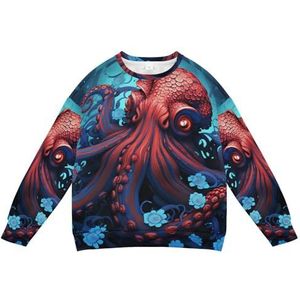KAAVIYO Rode octopus blauwe bloem zacht sweatshirt met lange mouwen voor kinderen, trui met ronde hals, overhemden voor jongens en meisjes, Patroon, XXS