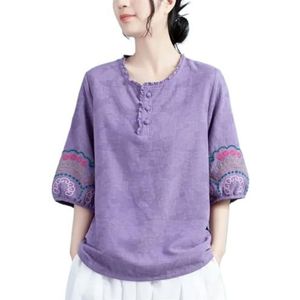 Dames Plus Size Retro Etnische Stijl Tops Ronde Hals 3/4 Mouwen Losse Shirts Chinese Stijl Jacquard Casual Blouse (Color : Purple, Size : 4XL)