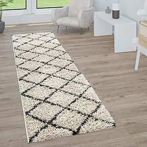 Hoogpolig tapijt, zachte shaggy voor de woonkamer in Scandinavische stijl met ruitmotief, Maat:80x300 cm, Kleur:Crème