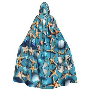 FRGMNT Ocean Sea Beach Zeeschelpen Zeester Blauw Print Unisex Volledige Lengte Hooded Mantel, Feestmantel, Perfect voor Carnaval Fancy Dress Cosplay