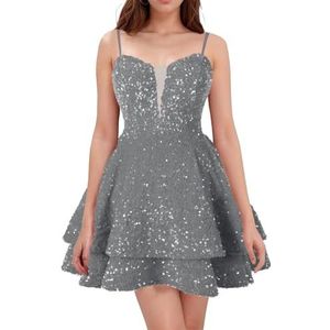 WSEYU Spaghetti Bandjes Homecoming Jurken Korte Sprankelende Pailletten Bruidsmeisje Afstuderen Cocktail Party Prom Gown ZM290, Zilver Grijs, 32