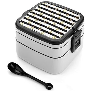 Golded Anker Glitter Zwart-witte Streep Bento Lunch Box Dubbellaags All-in-One Stapelbare Lunch Container Inclusief Lepel met Handvat