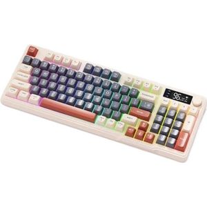 QPSJXN Freewolf M96 Draadloos gaming-toetsenbord met bluetooth-display, dubbele verbinding, multi-device ergonomisch design (koffie)