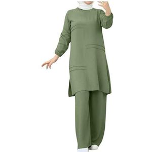 UPPJPBSW Muslim Vrouwen Plus Size Linnen Lounge Set - 2-Delige Outfit met Losse Lange Mouwen en Broek met Split Zoom,Groen,3XL