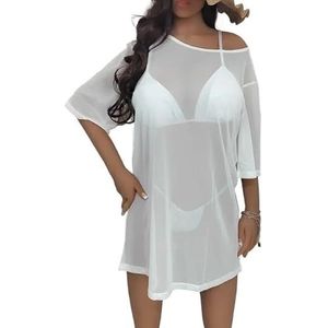 Badpak voor dames, Bikini Cover Up Vrouwen Sarong Badpak Sexy Mesh Doorzichtige Zweedse Zwemkleding Strand Mini Jurk Zwempakken Cover-up Badpak Dames Zee (Wit, XL)