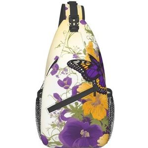 Bloemen en vlinders print sling tas schouder sling rugzak reizen wandelen borst tas voor mannen vrouwen, zwart, één maat, Zwart, Eén maat