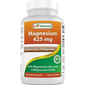 Best Naturals Magnesium 425 mg 180 Veggie Capsules - Hoge absorptie Magnesiumglycinaat & Magnesiumoxide Chelated, Non-GMO, Glutenvrije spierontspanning