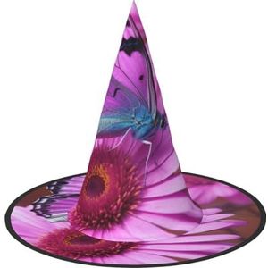 RLDOBOFE Heksenhoed Roze bloem paarse vlinder Gedrukt Tovenaar Hoed Unisex Halloween Hoed Voor Cosplay Party Kostuum Decoraties