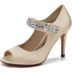 SYDZSW Bruiloftsschoenen Ivoor Hak Naald Satijn Hoge Hakken Bruidsschoenen Sandaal Bruidsschoenen Bruidsband met Strass 35-43, Champagne, 35 EU