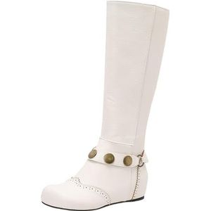 Retro Middeleeuwse Laarzen for Dames Klassieke Lange Laarzen Met Rits PU Leren Rijlaarzen Met Lage Hak 2025 Dames Grote Maten Schoenen for Herfst En Winter(White,43 EU)