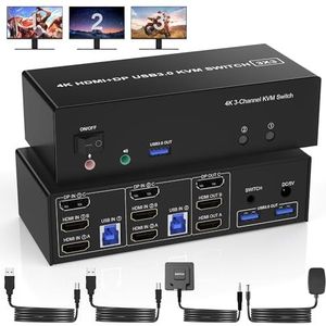 USB 3.0 DisplayPort + 2 HDMI KVM Switch 3 monitoren 2 computers, 4K @60Hz Triple Monitor KVM Switch 2PC 3 monitoren met 3 USB 3.0 poorten en audiomicrofoon, toetsenbord muis schakelaar