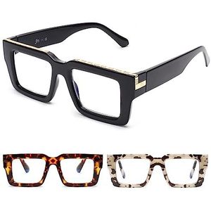 JM - Extra Grote Vierkante Brilmonturen - Blauw Licht Blokkering - Verpakking met 3 Paar