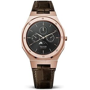 Valuchi Heren Lunar Calendar Roestvrijstaal Automatisch Horloge (Leer Rosé Goud Zwart)