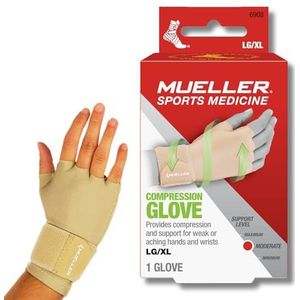 MUELLER Sportgeneeskunde Artritis compressiehandschoen, hand- en polsondersteuning, past op rechter- of linkerhand, pijnverlichting voor mannen en vrouwen, beige, Large/X-Large